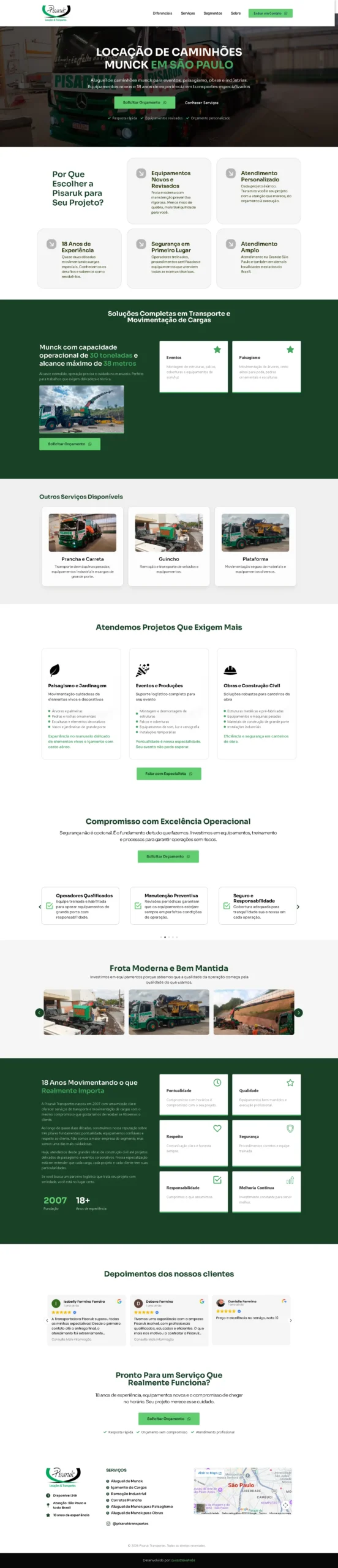 Landing page da Pisaruk Transportes exibida em um notebook